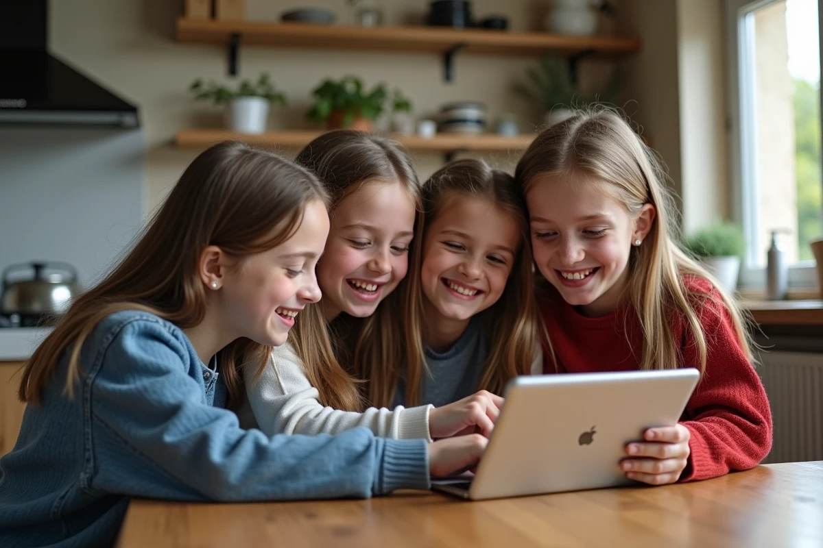 Groupe d amis regardant une tablette dans la cuisine