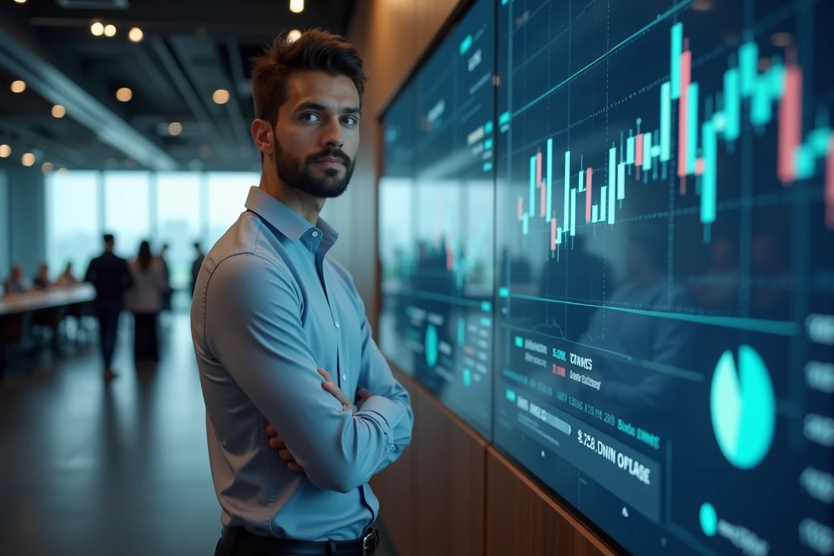 Jeune analyste financier devant un écran avec graphiques d