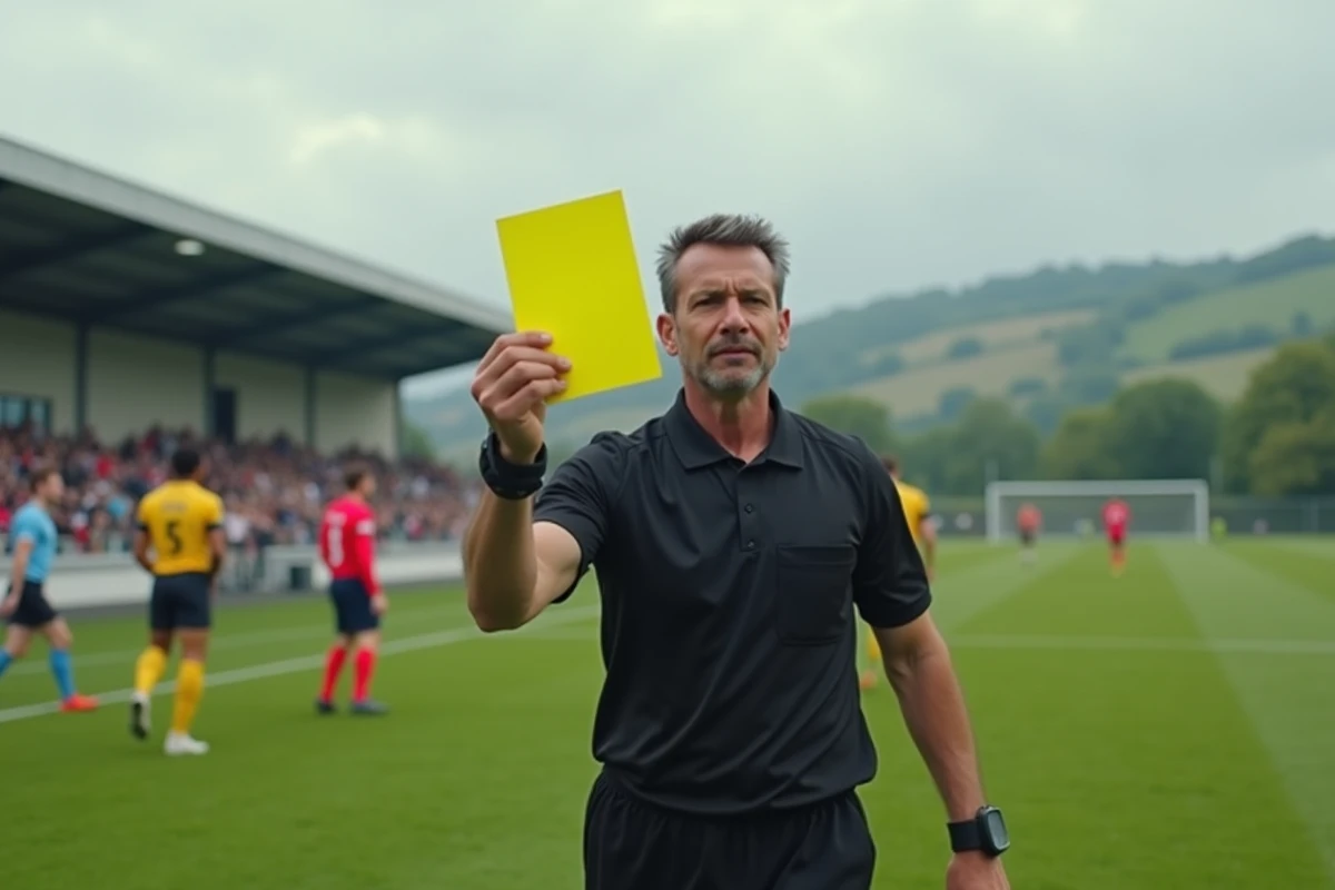 Arbitre de football amateur brandissant un carton jaune lors d'un match dans le District de Haute-Saône