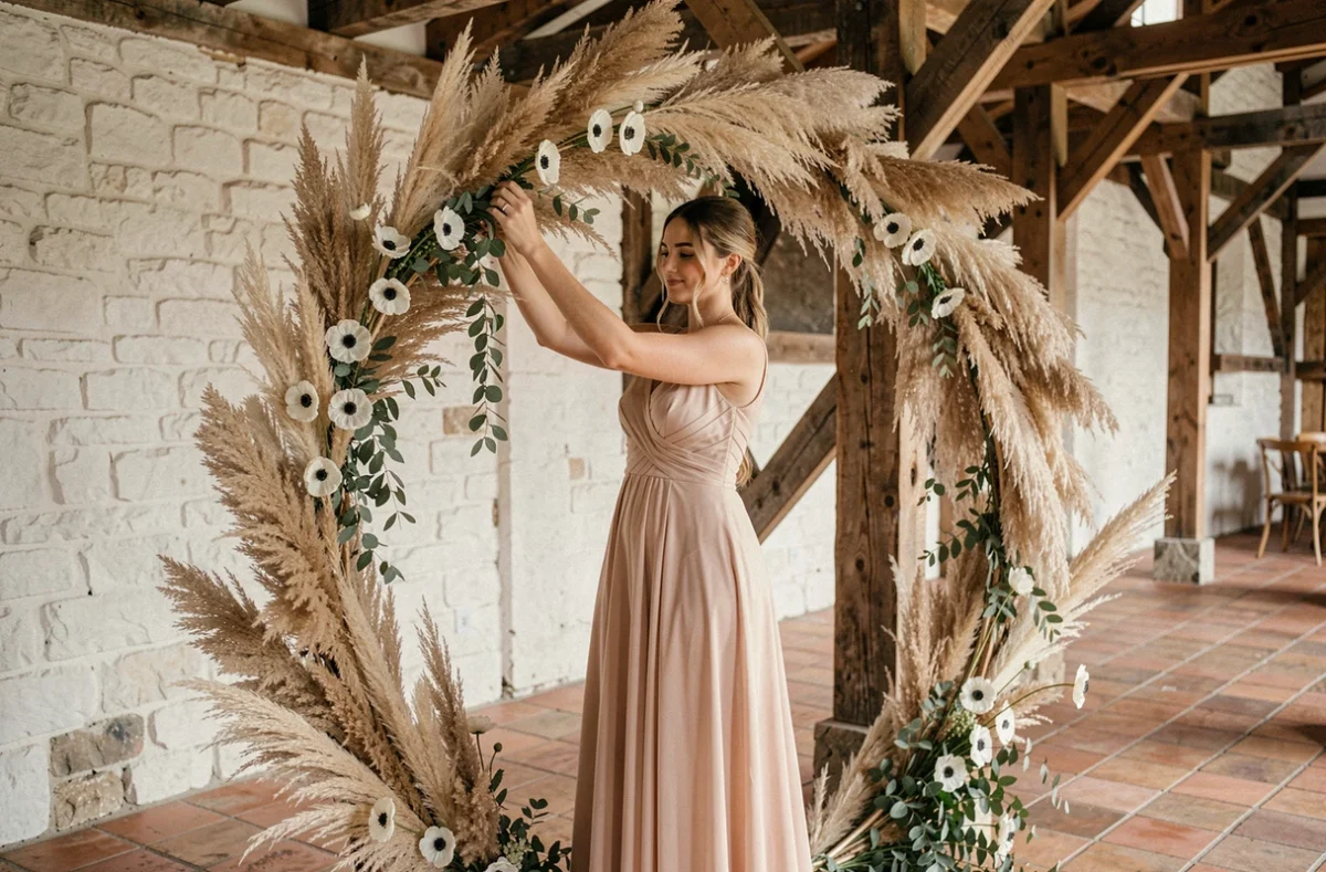 Femme en robe champagne arrangeant une arche florale de pampa et d'anémones blanches dans une grange rustique décorée pour un mariage