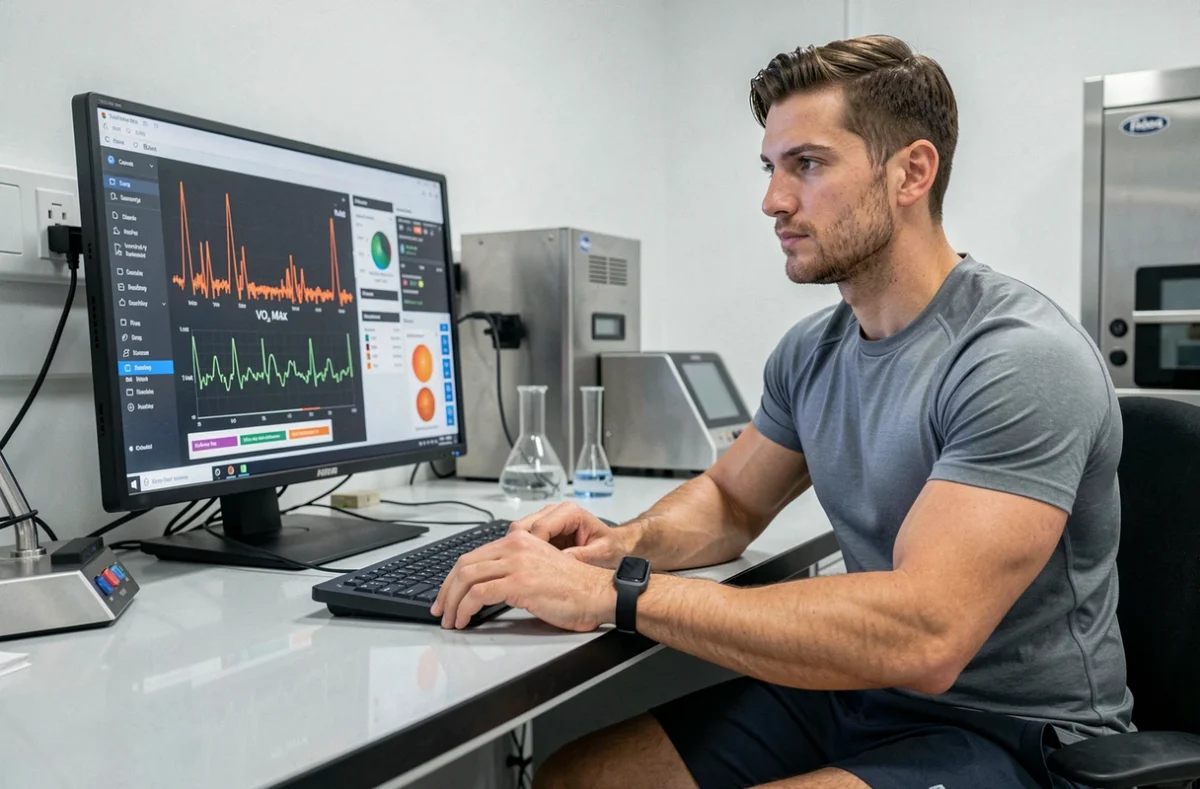 Athlète masculin analysant ses données biométriques dans un laboratoire de sciences du sport, symbolisant l'optimisation des performances par la technologie