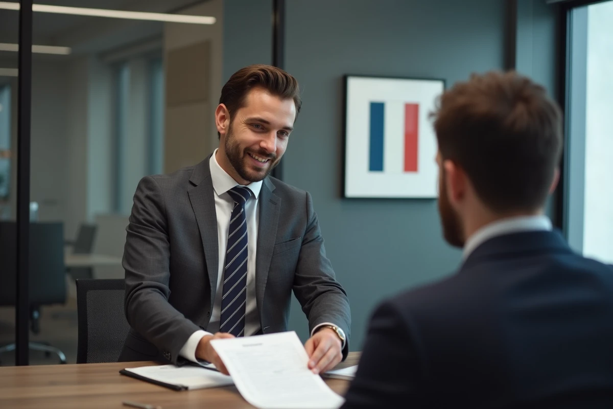 Jeune avocat en costume remet un document à un client