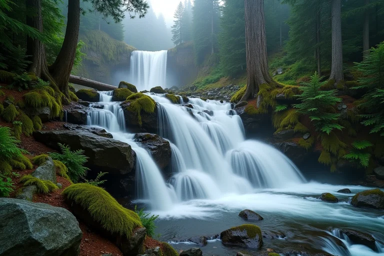 Cascade en escaliers sur des rochers granitiques couverts de mousse dans une forêt tempérée, illustrant la différence entre cascade et chute d'eau