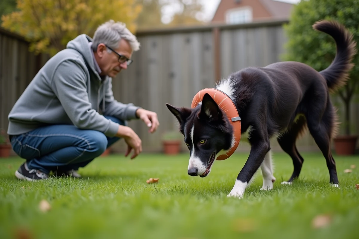 Border collie avec une collerette gonflable explorant le jardin sous la surveillance attentive de son propriétaire