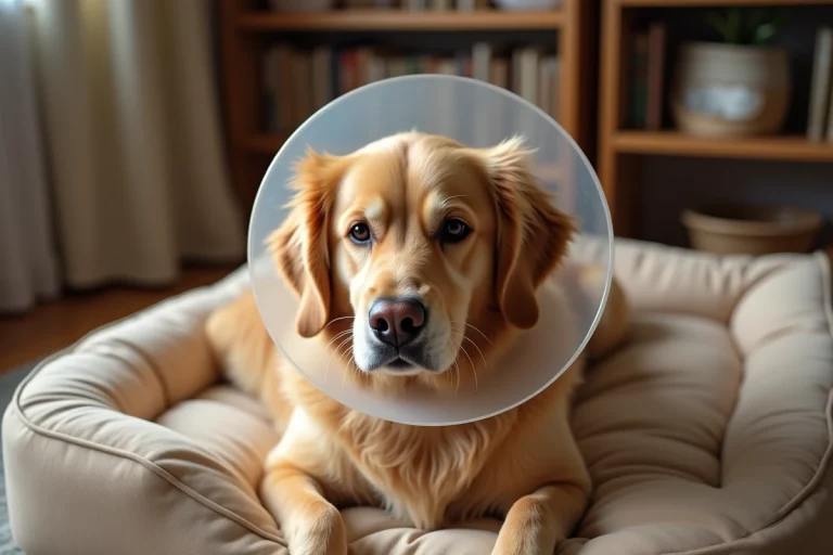 Chien golden retriever portant une collerette plastique transparente allongé sur un coussin orthopédique dans un salon chaleureux