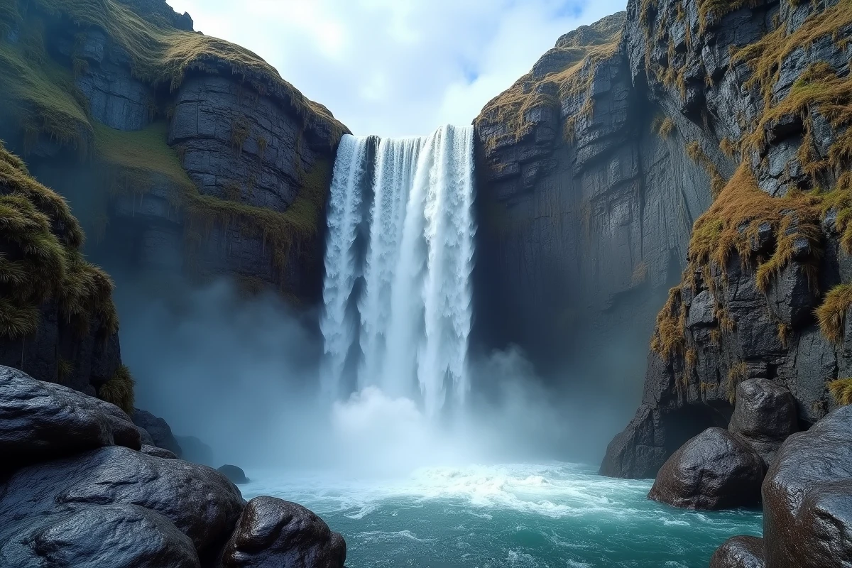 Chute d'eau verticale tombant d'une falaise basaltique dans un bassin rocheux, exemple de vraie chute d'eau en nature