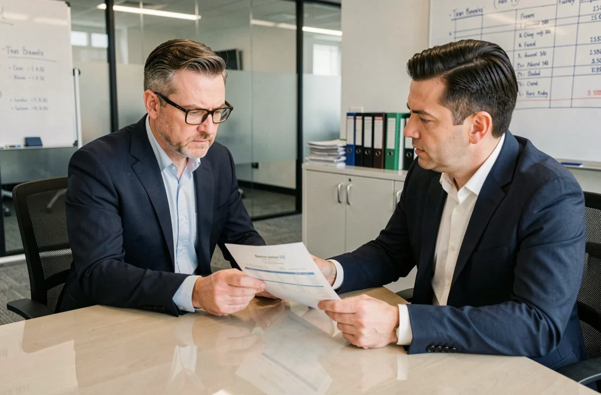 Comptable et client examinant une déclaration fiscale liée aux revenus de revente d'électricité en cabinet comptable