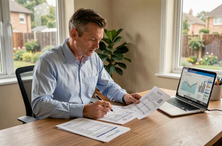 Consultant en énergie analysant des documents de fiscalité sur la revente d'électricité dans un bureau à domicile