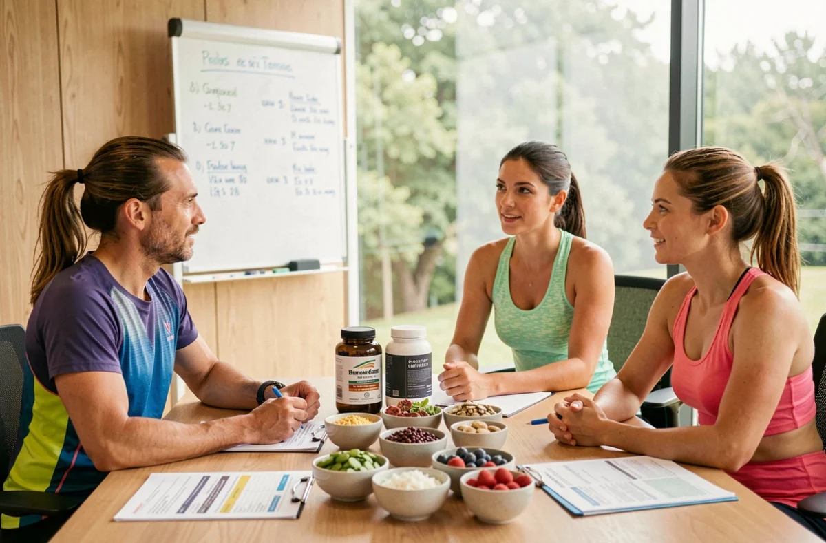Deux athlètes en consultation nutritionnelle avec un spécialiste sportif, entourés de superaliments et de plans alimentaires pour optimiser leurs performances