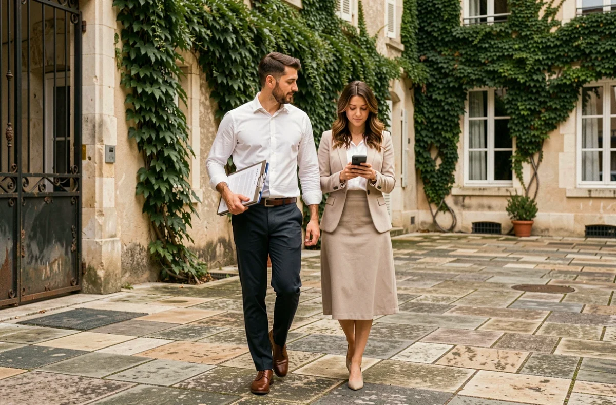 Couple arrivant à la mairie pour leur audition préalable au mariage civil