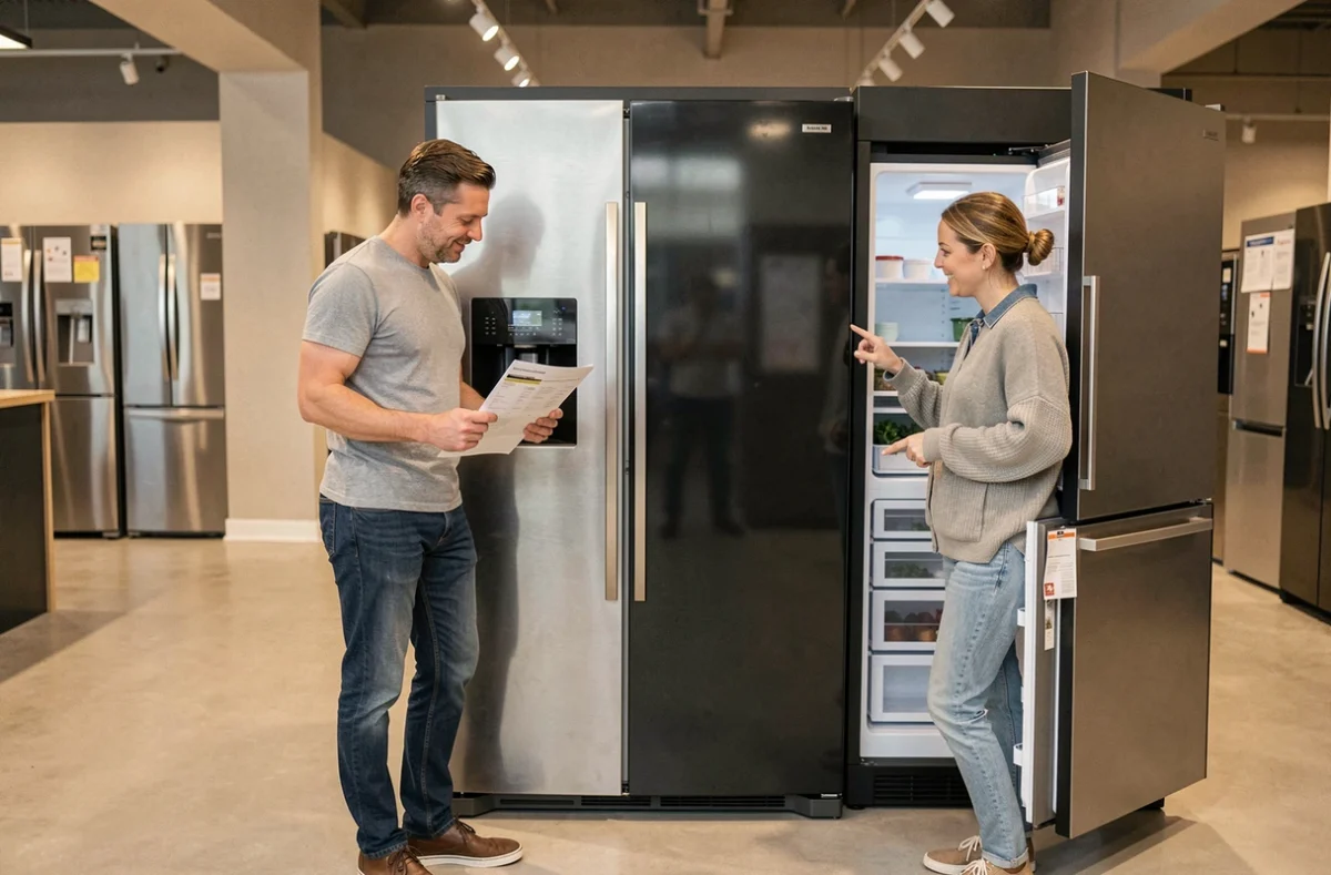 Couple comparant deux modèles de réfrigérateurs dans un magasin d'électroménager, évaluant taille et organisation intérieure