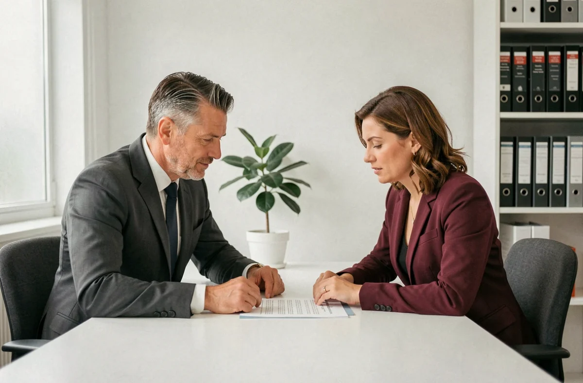 Deux décideurs en entreprise examinant un contrat juridique ensemble dans un bureau professionnel