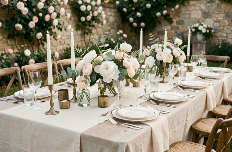 Table de mariage décorée avec des fleurs de pivoines blanches et roses, des chandeliers en laiton et une nappe en lin ivoire dans un jardin provençal