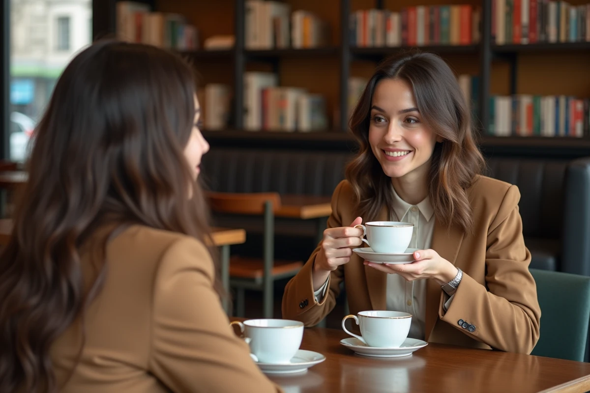 Deux femmes discutant dans un café parisien cosy