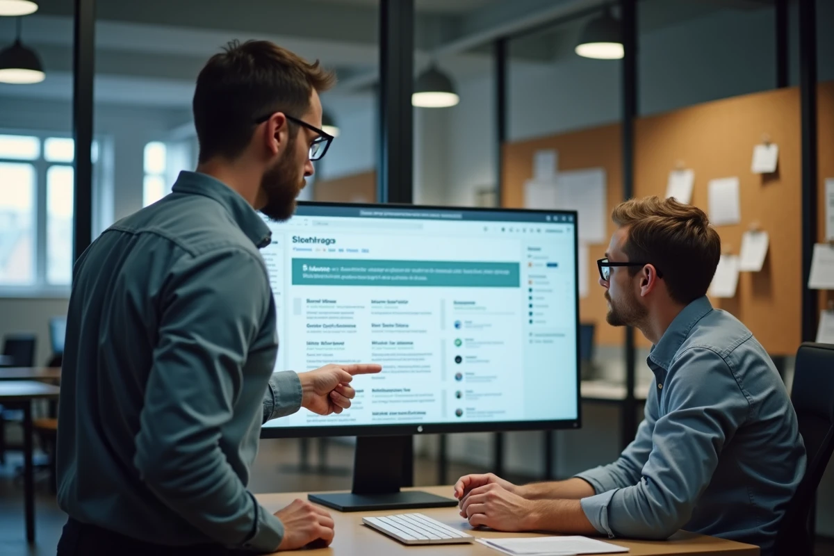 Homme développeur web pointant un plan du site sur un grand écran