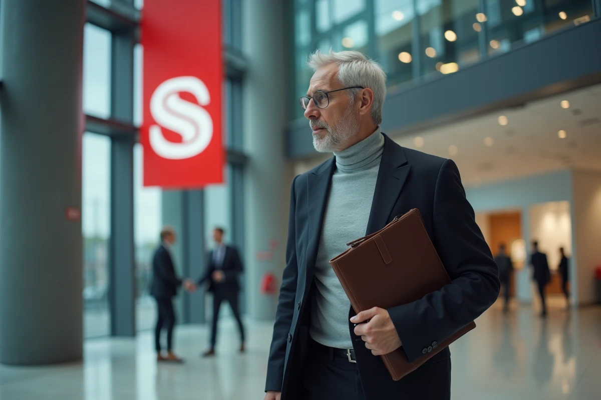 Directeur général d'une coopérative de grande distribution marchant dans le hall d'entrée du siège social