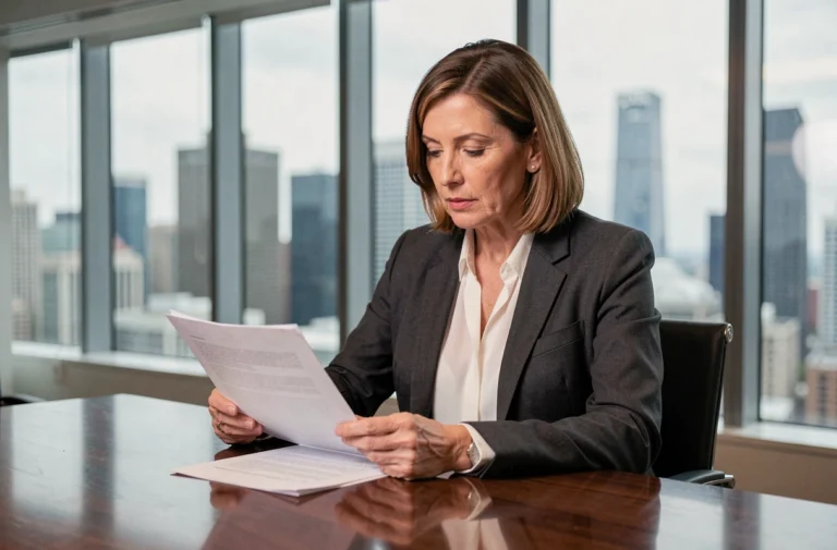 Directrice d'entreprise analysant des documents juridiques dans une salle de réunion moderne avec vue sur la ville