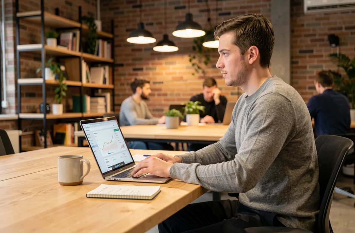 Jeune entrepreneur travaillant sur une stratégie d'entreprise dans un espace de coworking