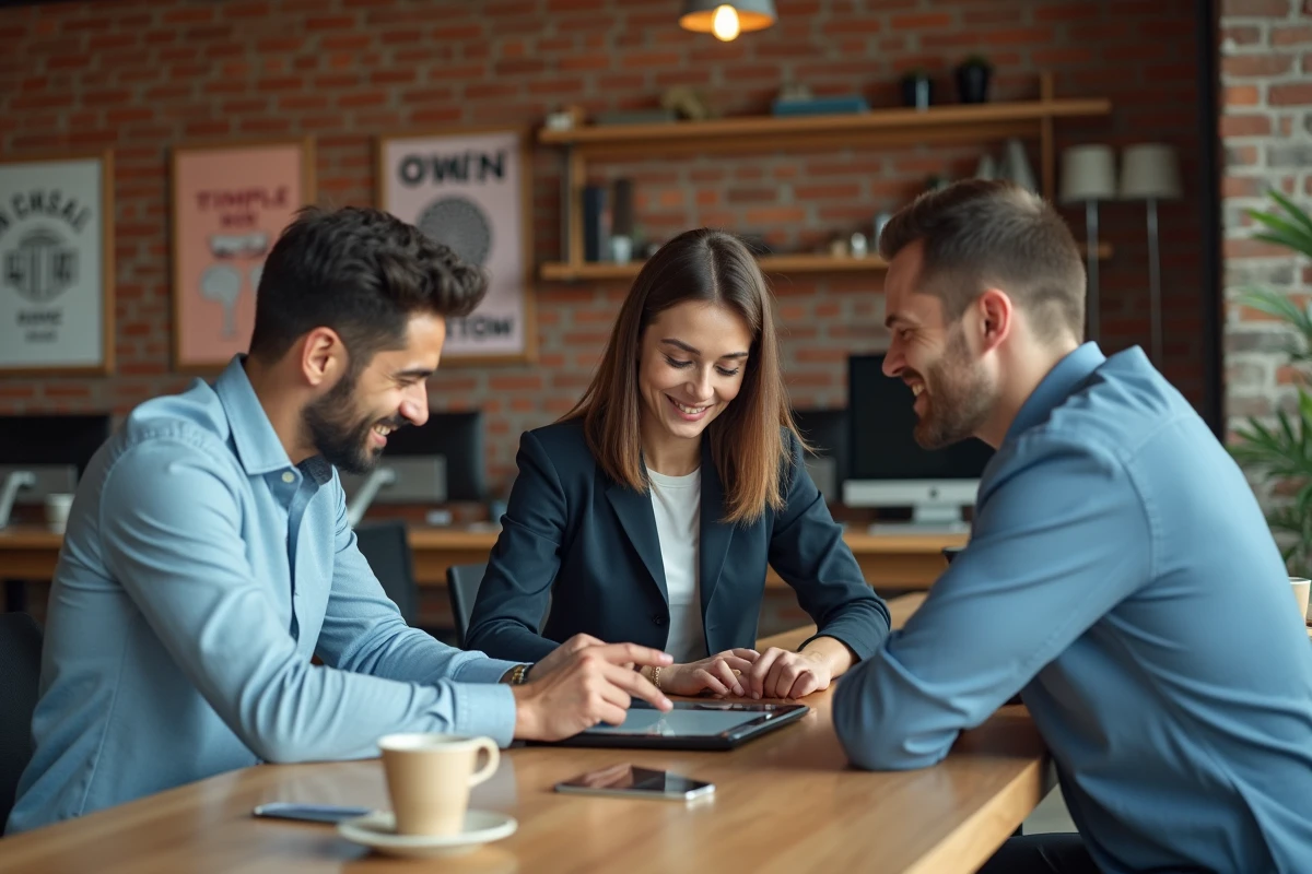 Groupe de trois professionnels discutant stratégie digitale