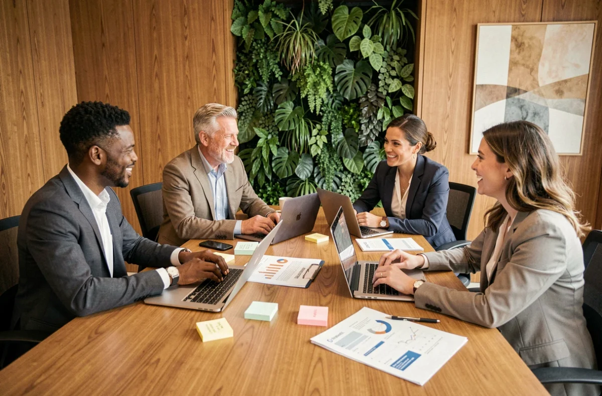 Équipe de professionnels en réunion stratégique autour d'une table de conférence moderne