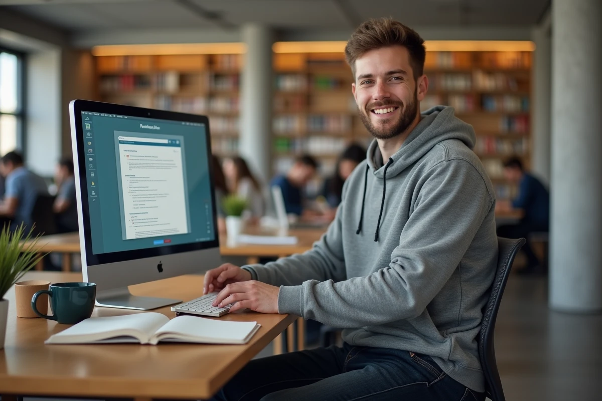 Étudiant accédant à sa messagerie académique Roundcube depuis une bibliothèque universitaire d'Aix-Marseille