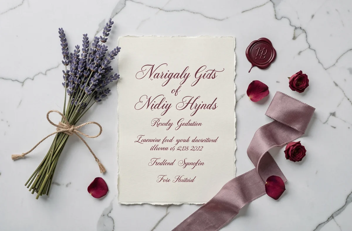 Flat lay de faire-part de mariage en calligraphie, cachet de cire bordeaux, lavande séchée et rubans mauves sur marbre blanc