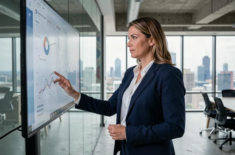 Femme d'affaires analysant des tendances économiques sur un écran tactile dans un bureau moderne