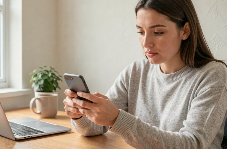 Femme utilisant une application d'actualités sur smartphone Android à son bureau à domicile