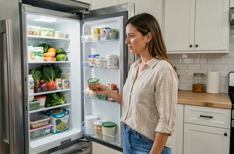 Femme examinant l'intérieur d'un réfrigérateur américain ouvert dans une cuisine moderne aux plans de travail en bois clair