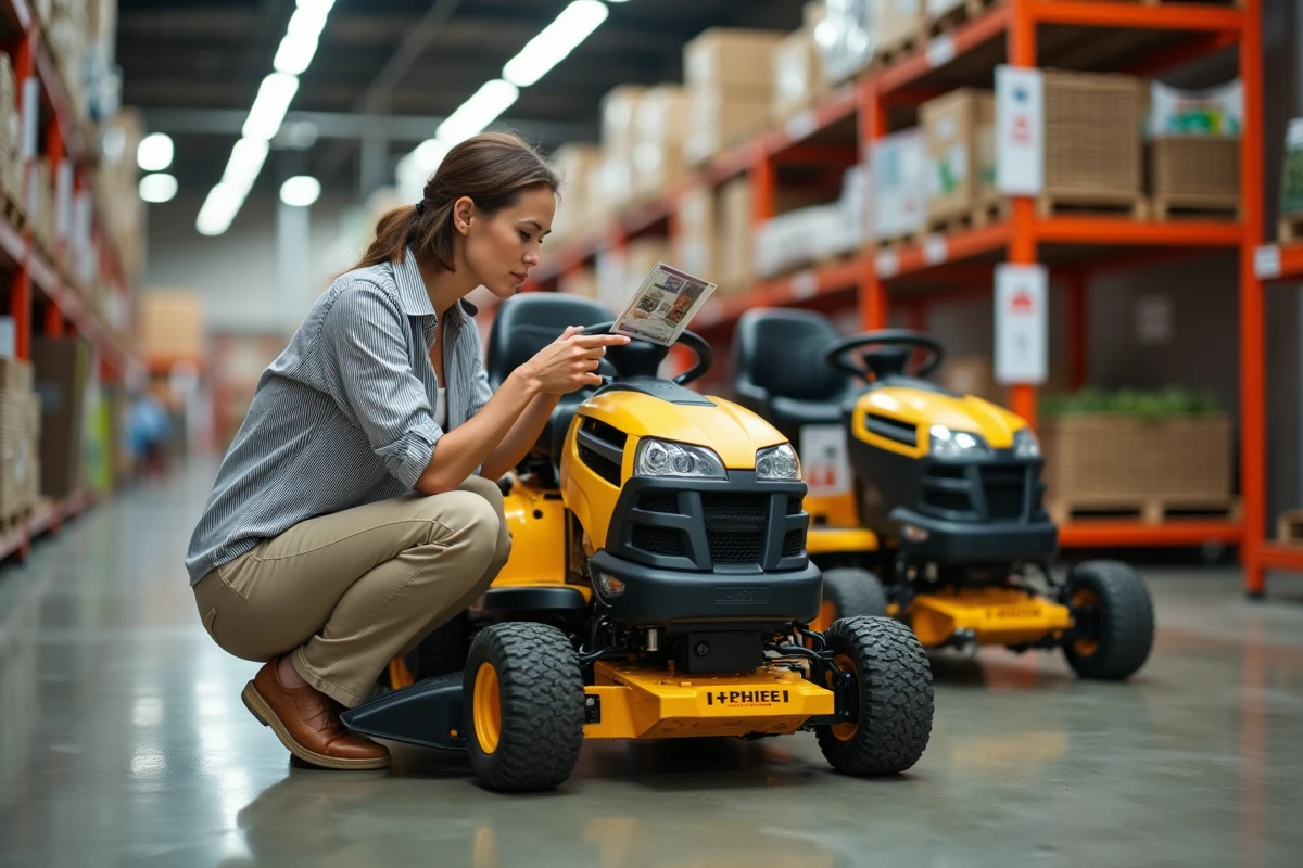 Femme accroupie devant un tracteur tondeuse compact en magasin de bricolage, comparant les caractéristiques avec une brochure produit