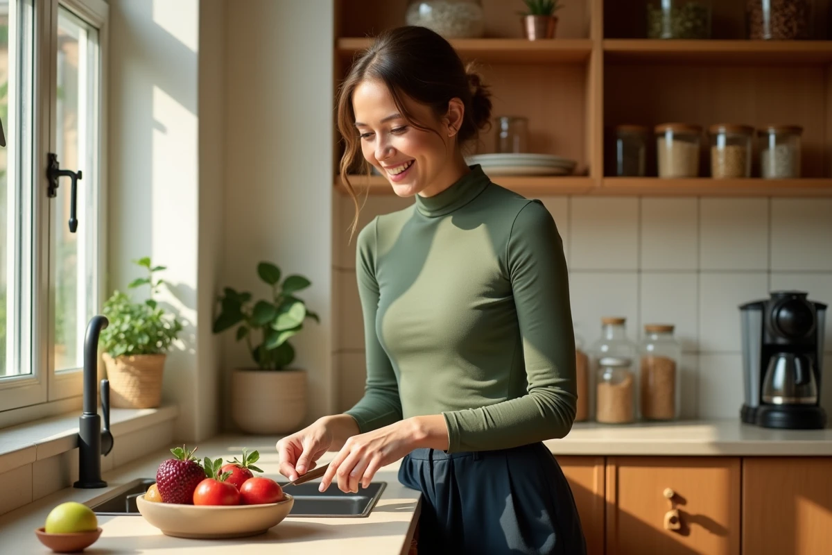 Jeune femme épanouie préparant un repas sain dans une cuisine moderne et chaleureuse, lifestyle bien-être au quotidien
