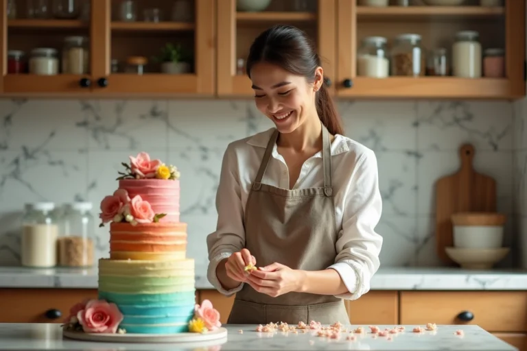 Jeune femme décorant un gâteau arc-en-ciel dans une cuisine chaleureuse