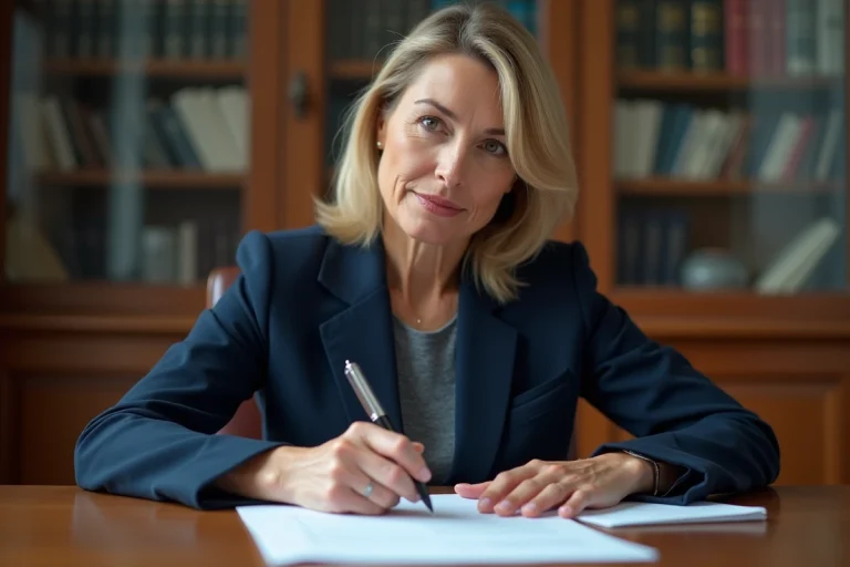 Femme d'âge moyen en blazer étudie un document juridique