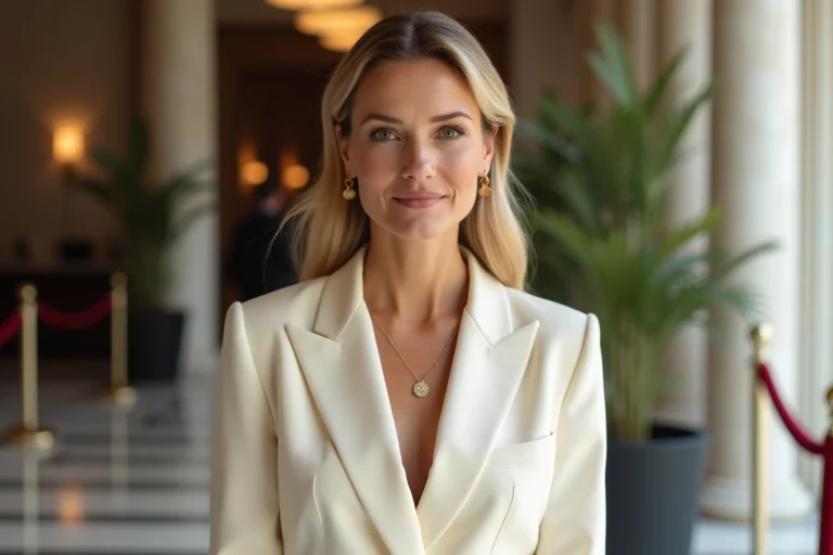 Femme élégante en blazer ivoire devant une entrée de lieu VIP parisien avec colonnes en marbre et corde de velours