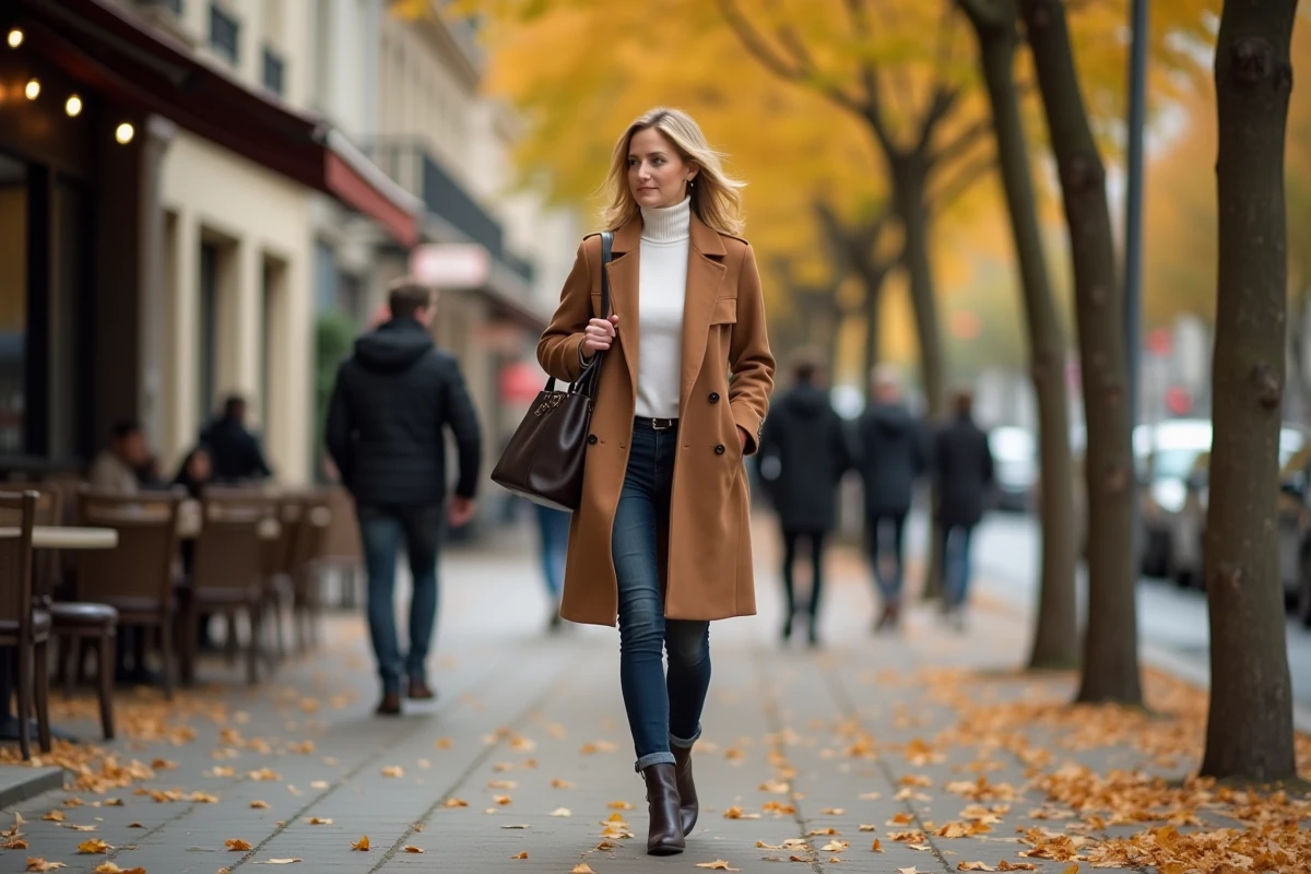 Femme élégante et confiante marchant dans une rue parisienne en automne, style de vie moderne et épanouissement féminin