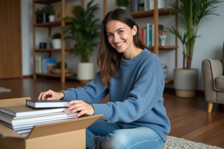 Jeune femme souriante emballant des livres dans un appartement moderne