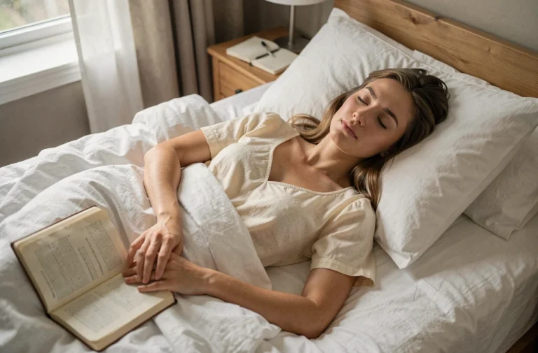 Femme endormie dans un lit douillet avec un journal d'interprétation des rêves posé sur la table de chevet