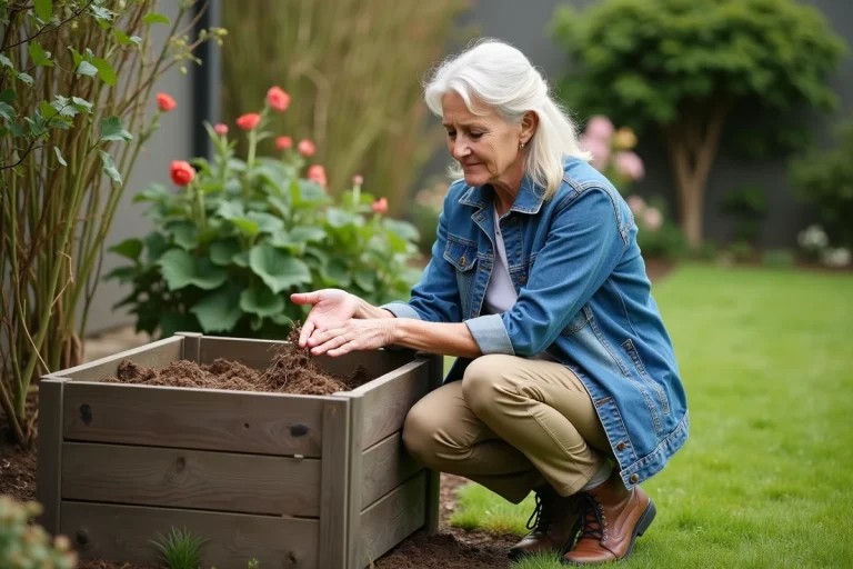 Femme en vêtements de jardinage examine un composteur en bois