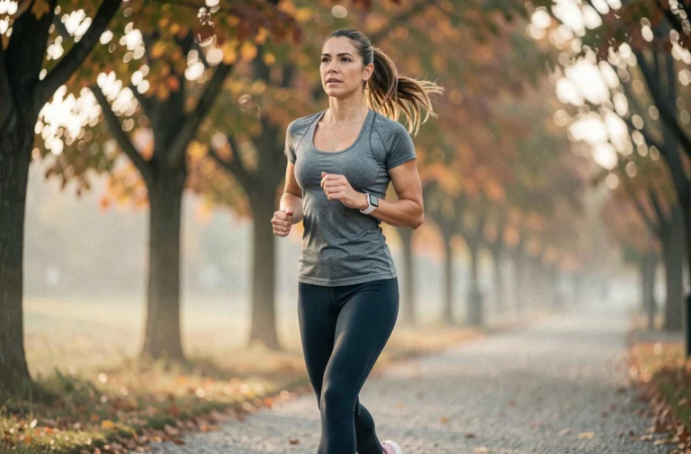 Femme en tenue de sport faisant du jogging dans un parc urbain pour perdre du poids