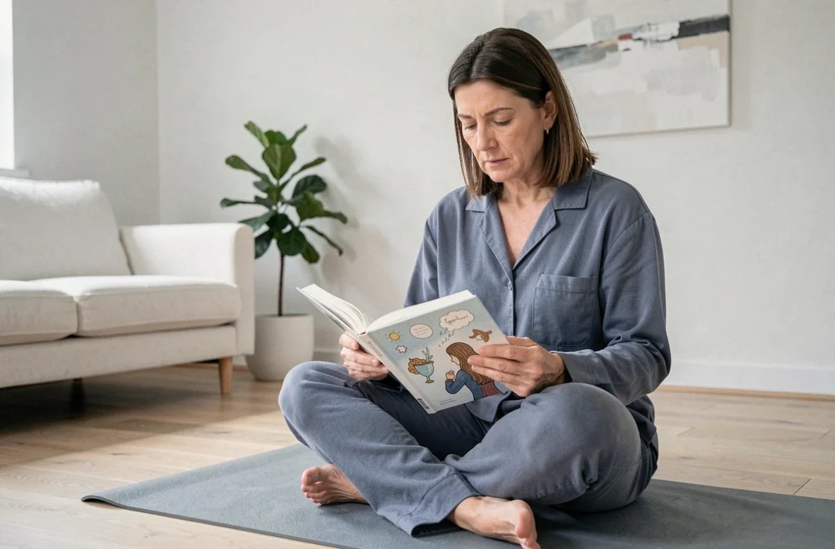 Femme assise en tailleur lisant un livre illustré sur la signification et l'interprétation des rêves