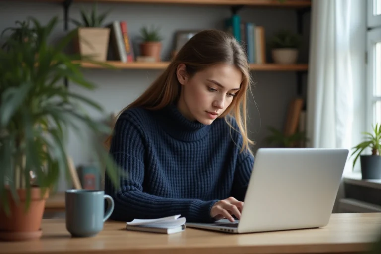 Jeune femme lisant des actualites sur son ordinateur portable