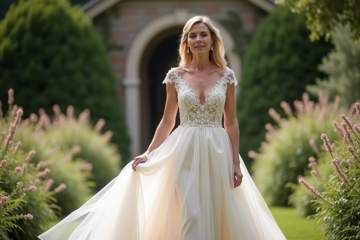 Femme mature dans un jardin portant une robe de mariage avec traine en tulle