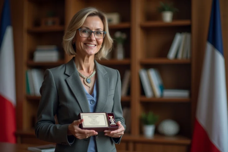 Femme d affaires souriante avec médaille et certificat