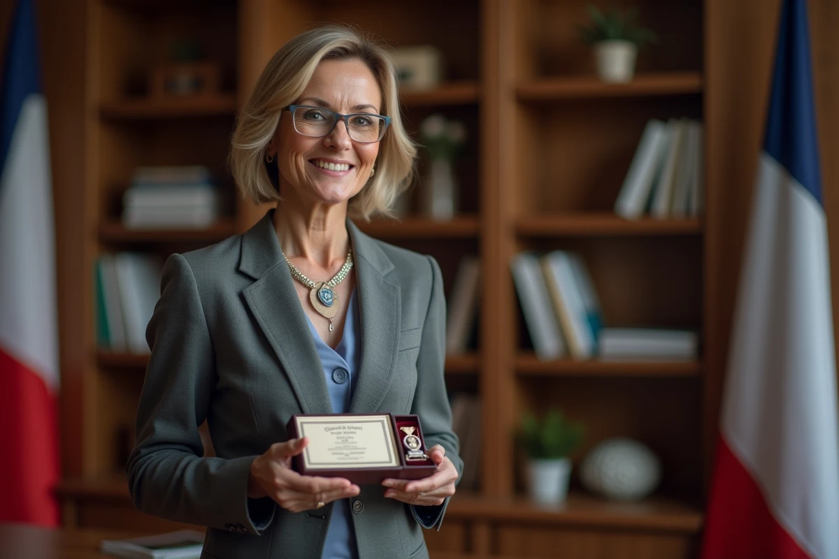 Femme d affaires souriante avec médaille et certificat