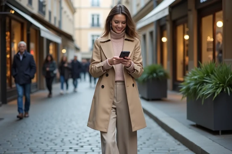 Femme élégante en trench beige dans une rue européenne