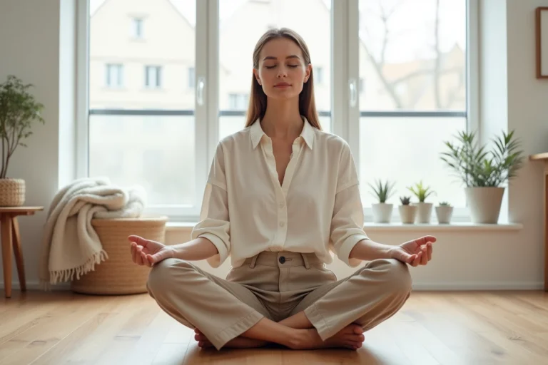 Femme moderne en posture méditative dans un salon minimaliste scandinave, symbolisant l'épanouissement personnel et le bien-être