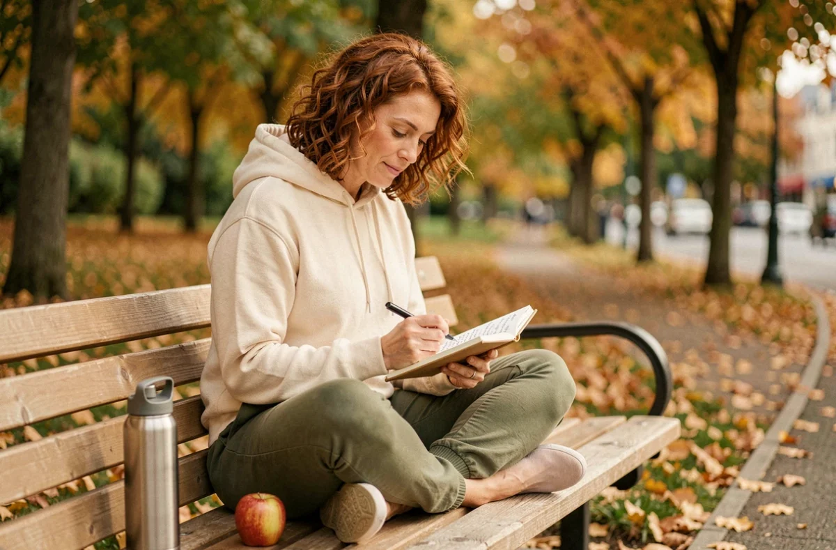 Femme notant ses objectifs minceur dans un carnet lors d'une pause en plein air dans un parc en automne
