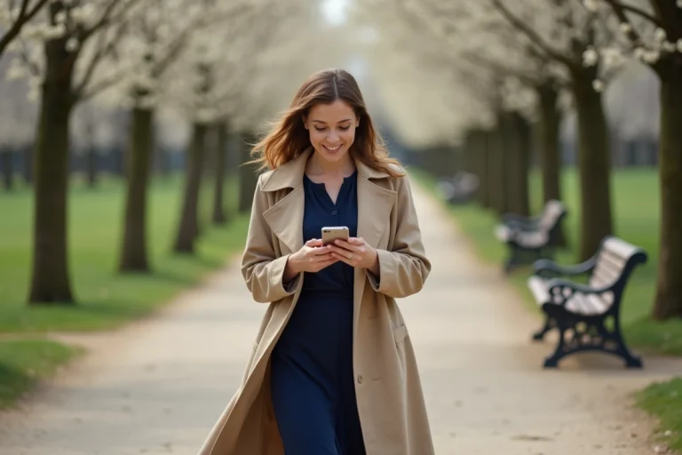 Femme en robe bleu et trench dans un parc parisien au printemps