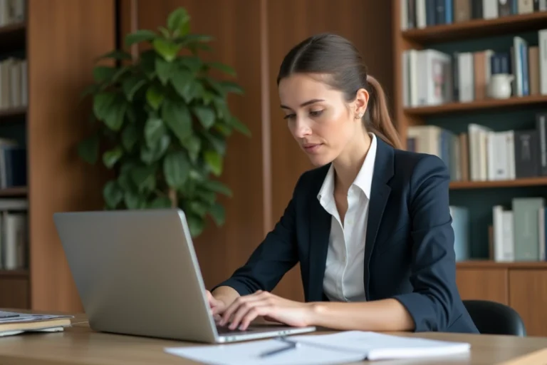 Femme professionnelle travaillant sur un blog dans un bureau moderne
