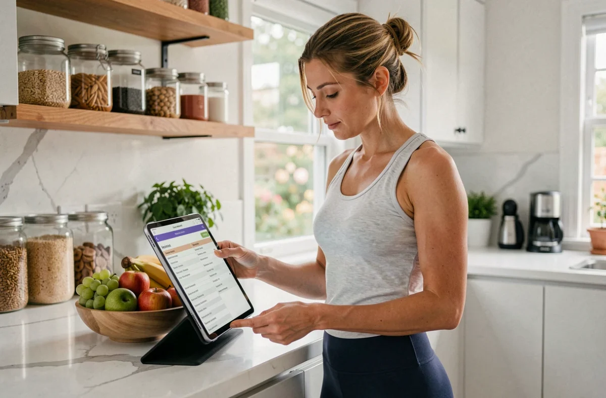 Femme consultant un programme minceur personnalisé sur tablette dans une cuisine moderne et saine